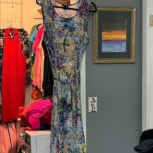 Nina Leonard Multicolor Abstract Print Sleeveless Maxi Dress